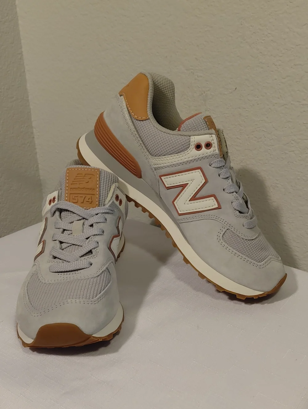New Balance 574 Light Gray with Tan Accents